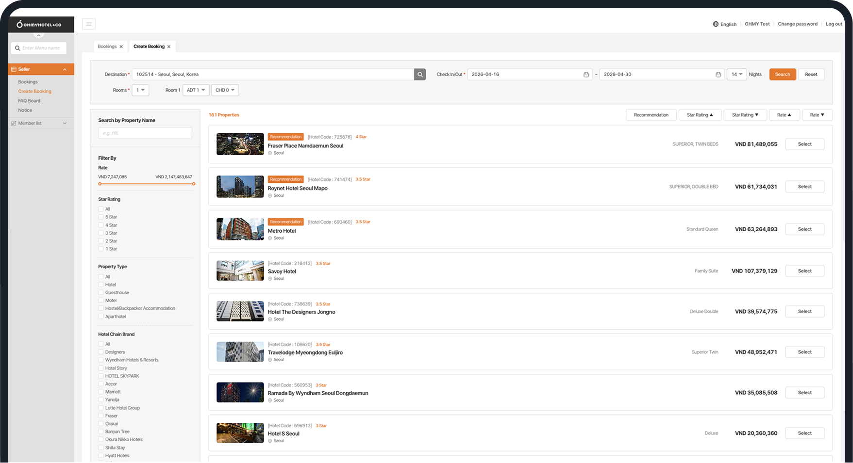 Ohmyhotel.biz B2B booking platform screenshot